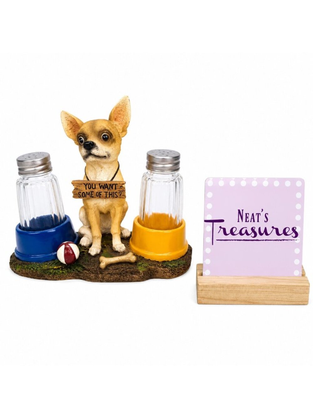 DWK 2010 Animal Chihuahua Dog Bone Resin Holder W Salt And Pepper Shaker Set 3